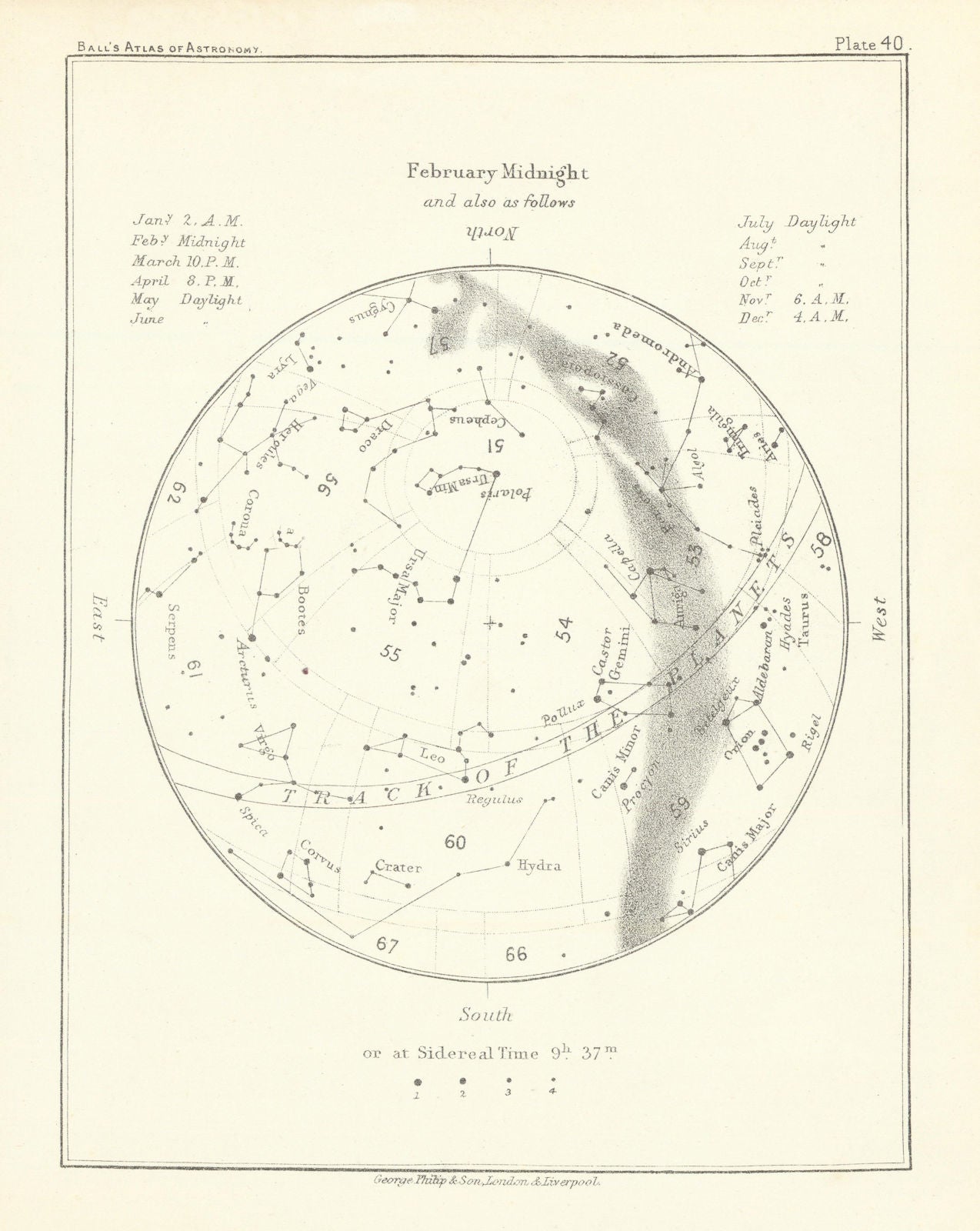 Night Sky Star Chart - February Midnight by Robert Ball. Astronomy 1892 map